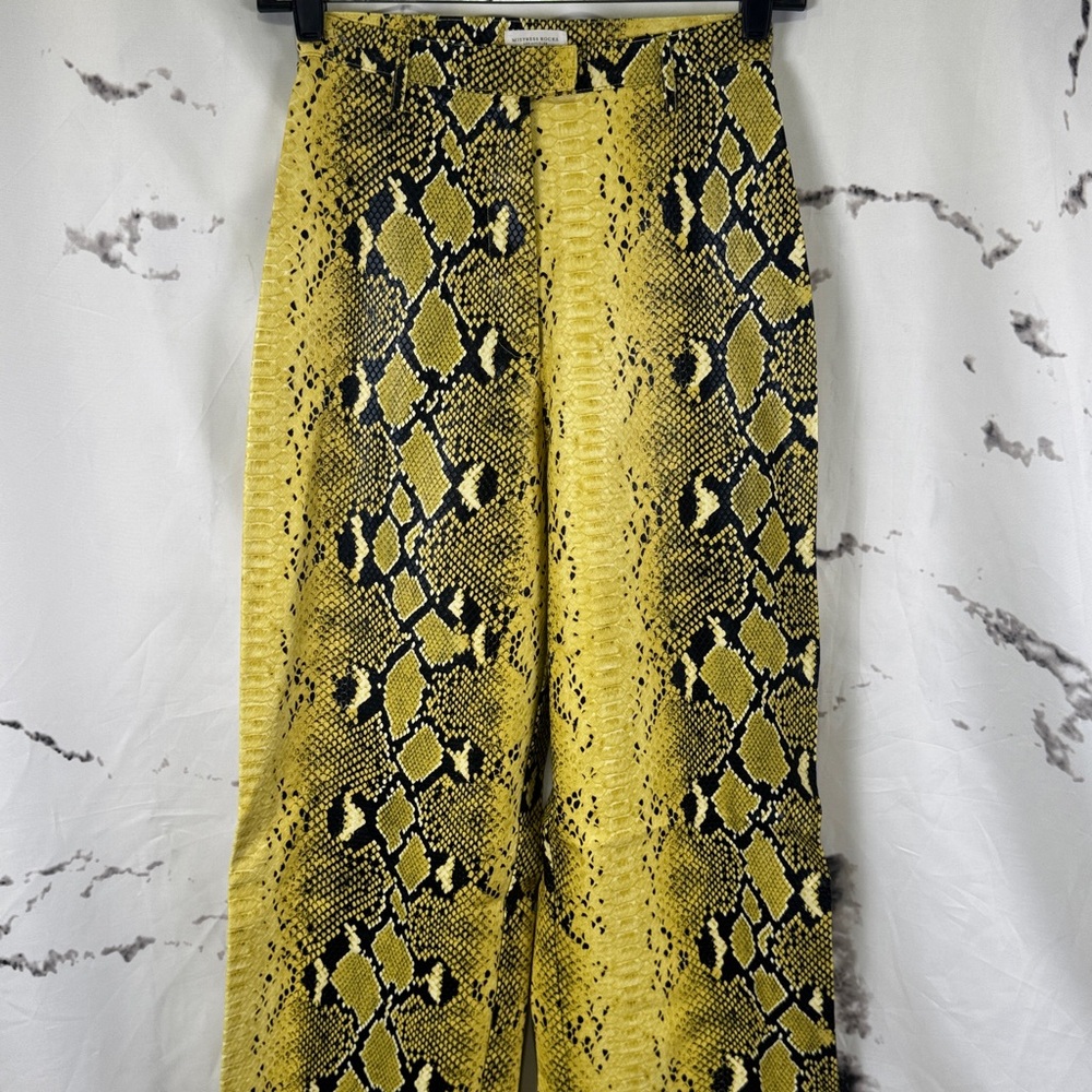 Mistress Rocks Wide-Leg Pants Yellow Snake Print Faux Patent Leather Flat Front - Picture 2 of 12